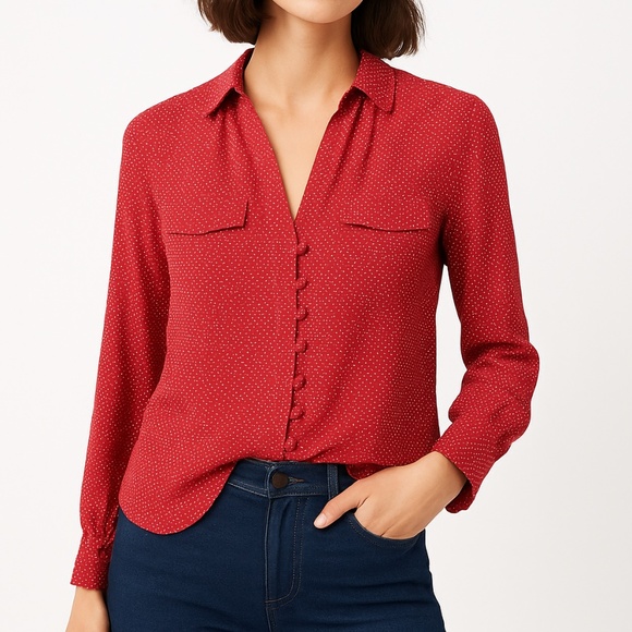 Maeve Anthropologie Red Polka Dot Blouse Button Front Classic Preppy XS - Picture 10 of 10